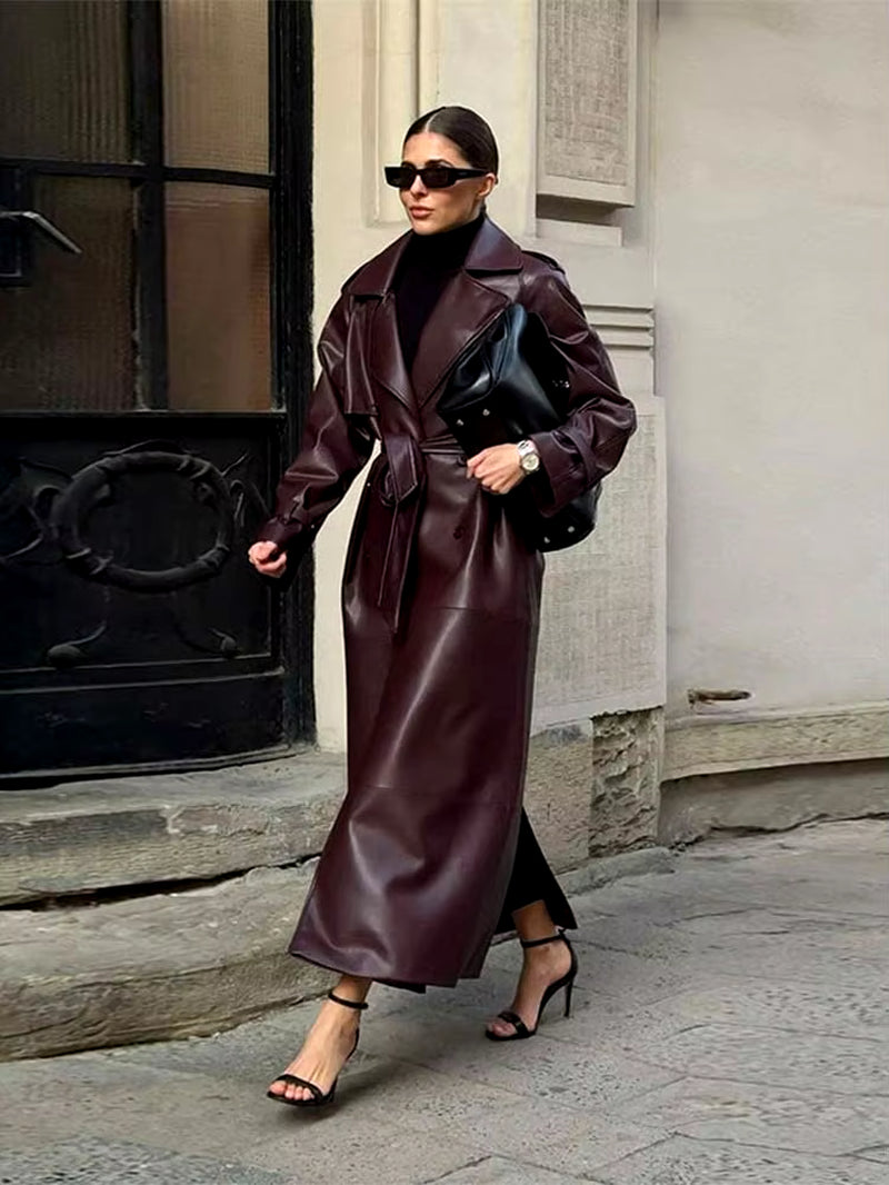 Elegant Winter Burgundy Lace up Matte Leather Jackets Women Fashion Lapel Button Full Sleeve Long Coat 2025 New Street Outerwear