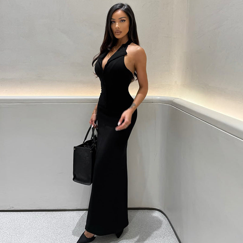 Sexy Backless Slim Fit One Step Hip Dress V neck Length Dress Women