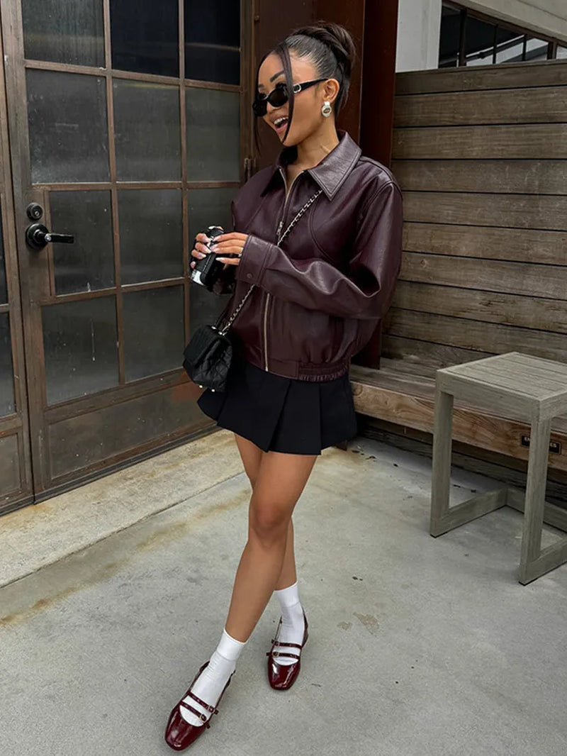 Vintage Wine Red Lapel Pu Women'S Leather Jacket Zipper Chic Long Sleeved Casual Coats 2024 New High Street Fashion Outerwear