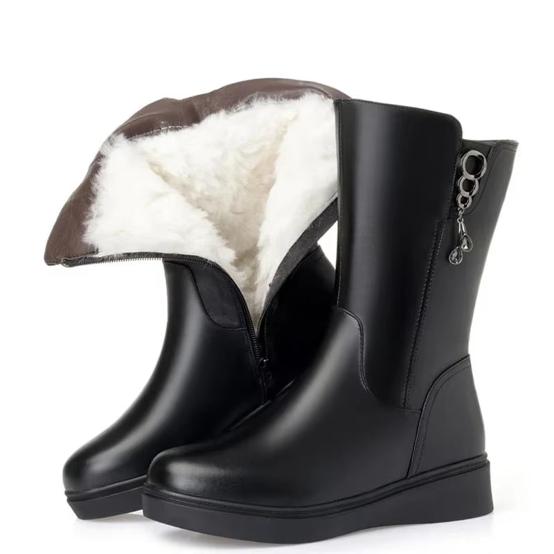 Big Size 35-43 Women Snow Boots Winter Thick Wool Warm Mid Calf Boots Women Fashion Soft Leather Low Wedge Cotton Boots