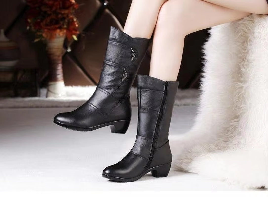 Women'S Mother Female Ladies Leather Shoes Boots Botas Knee High Zipper Winter Warm Plush Mid Calf plus Size Mid-Calf Snow Boot7