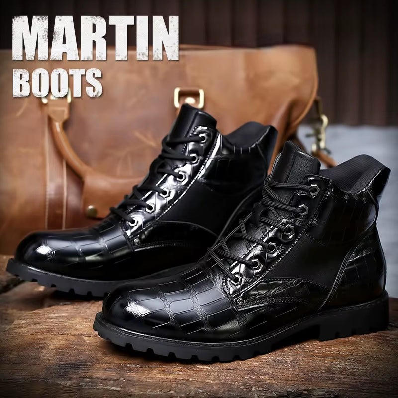 Brand Men Boots Grid Pattern Square Heel Men Ankle Boots Designer Luxury Leahter Shoes for Men Fashion Motorcycle Boots Zapatos