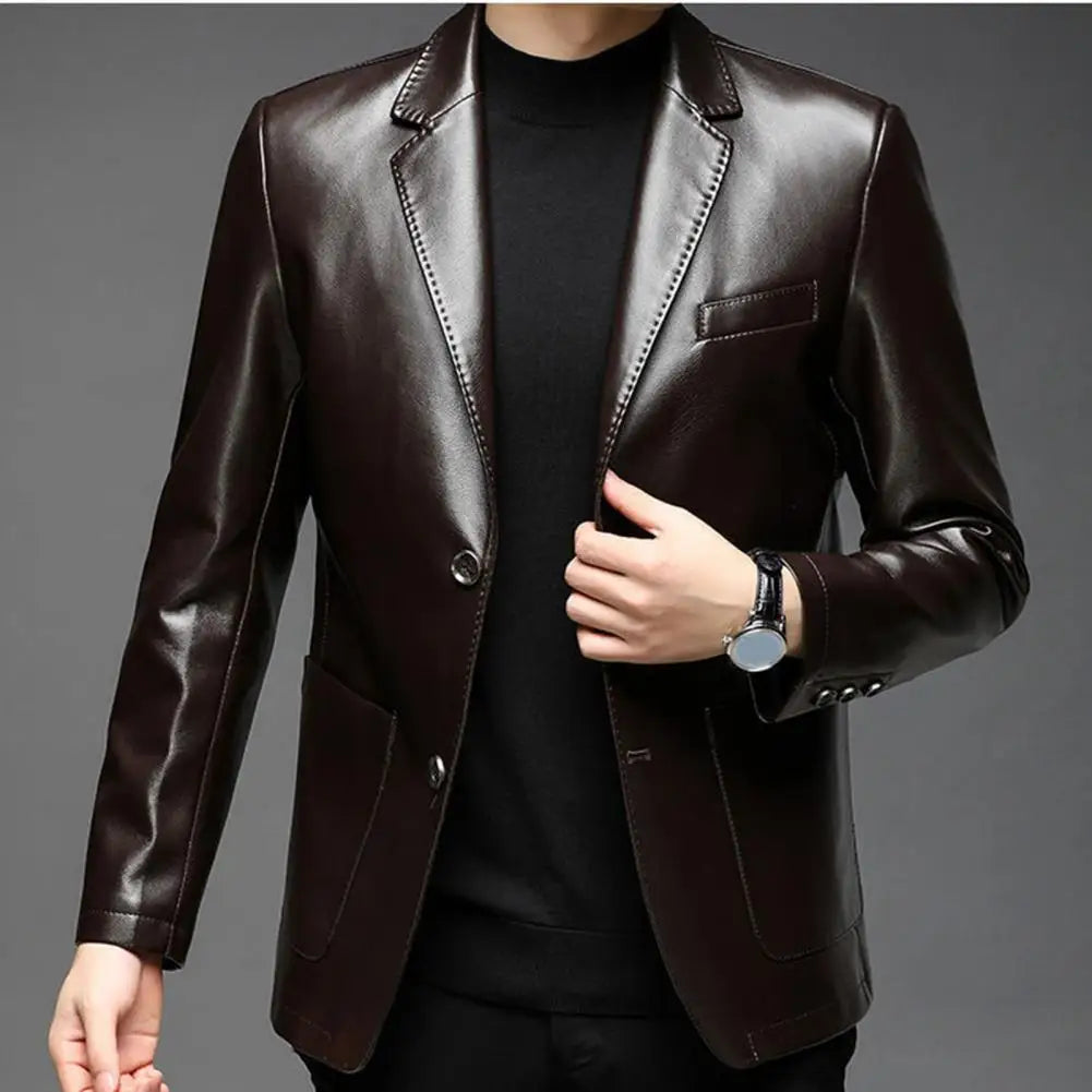 Men Jacket with Button Decoration Long-Lasting Wear Men Jacket Stylish Lapel Collar Men'S Leather Jacket for Outdoor for Men