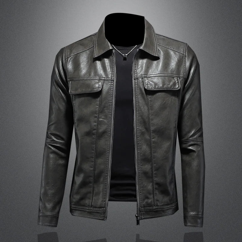 Men'S Jacket Spring and Autumn Handsome Solid Color Collar Motorcycle Leather Coat Slim Fashion Leather Jacket M-5XL