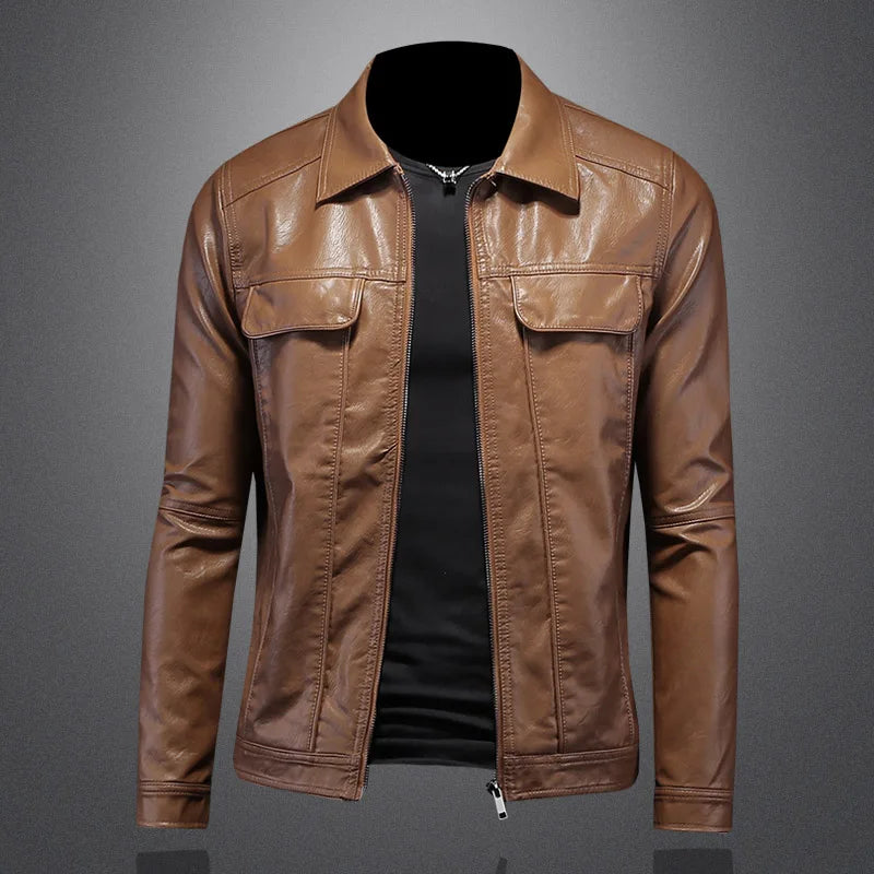 Men'S Jacket Spring and Autumn Handsome Solid Color Collar Motorcycle Leather Coat Slim Fashion Leather Jacket M-5XL