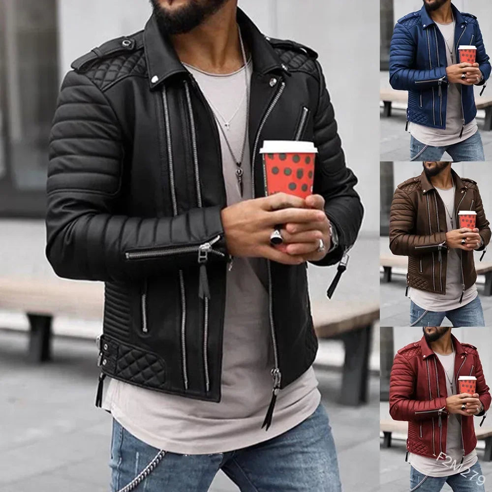 New Autumn Winter Mens Leather Jackets Thickened Lapel Cotton-Padded Zipper Leather Coat Streetwear Fashion Male Tops