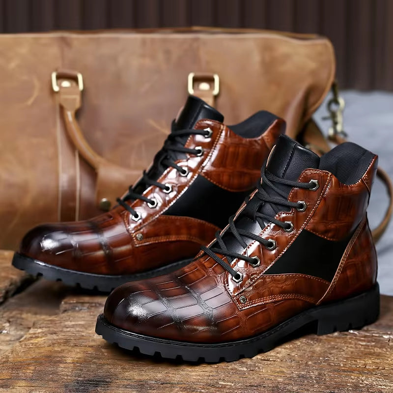 Brand Men Boots Grid Pattern Square Heel Men Ankle Boots Designer Luxury Leahter Shoes for Men Fashion Motorcycle Boots Zapatos