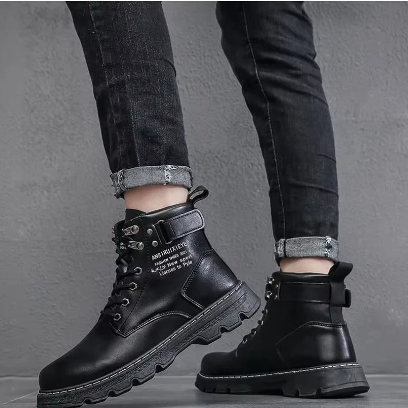 Men'S Boots Autumn/Winter 2024 Men'S Boots Korean Version High Top Casual Lace up Flat Bottomed round Toe Comfort Leather Shoes