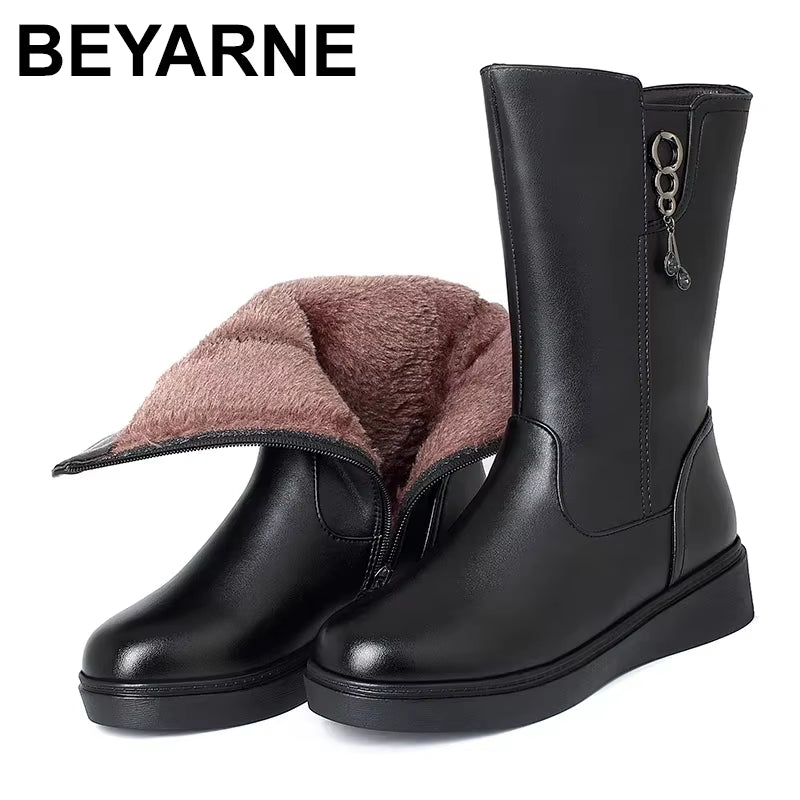 Big Size 35-43 Women Snow Boots Winter Thick Wool Warm Mid Calf Boots Women Fashion Soft Leather Low Wedge Cotton Boots