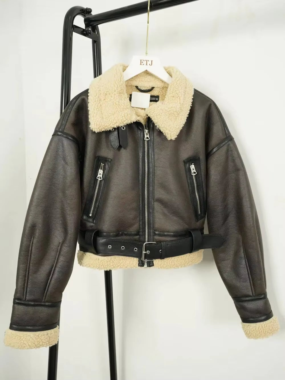 2024 Traf Winter Women'S Street Wear Faux Sheepskin Fur Bomber Jacket with Belt Motorcycle Thick Warm Sheepskin Overcoat Jacket