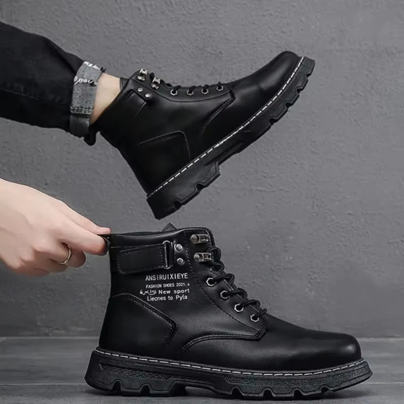 Men'S Boots Autumn/Winter 2024 Men'S Boots Korean Version High Top Casual Lace up Flat Bottomed round Toe Comfort Leather Shoes