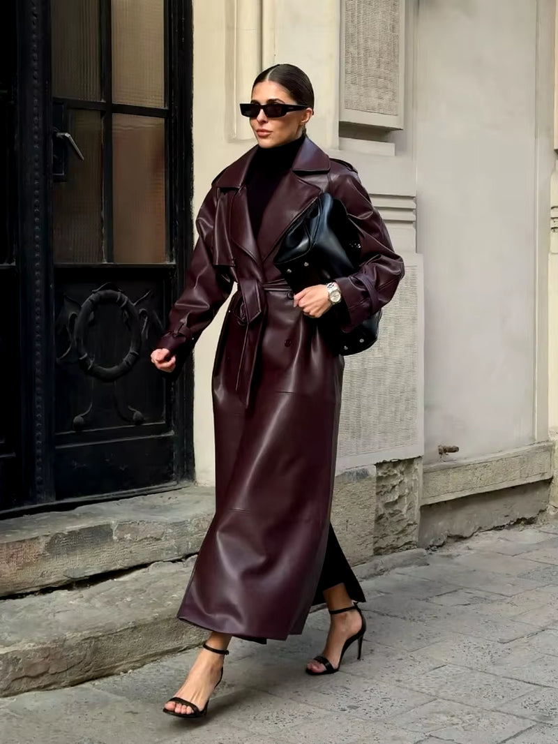 Elegant Winter Burgundy Lace up Matte Leather Jackets Women Fashion Lapel Button Full Sleeve Long Coat 2025 New Street Outerwear