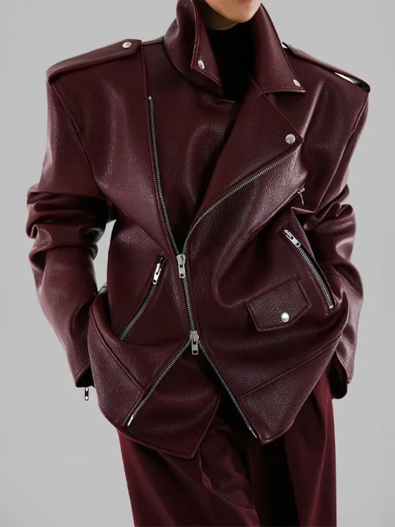 Women Chic Burgundy Irregular Zipper Leather Jacket Elegant Lapel Collar Long Sleeves Coat 2024 New Lady Autumn Cool Streetwear